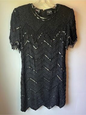 Vintage Robert Anthony Beaded Black Short Sleeve Cocktail Dress